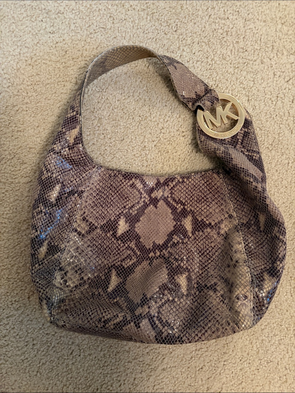 Michael Kors Taupe Snakeskin-Print Hobo Shoulder Bag with Gold MK Charm